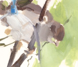 Juvenile sparrow above feeder painting by Esther Tyson